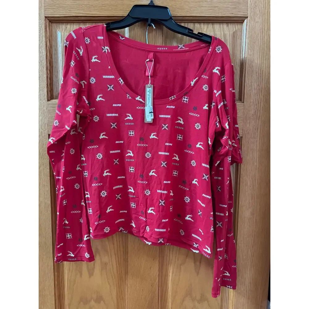Cozy SKIMS Scoop Neck Sleep Set - Cranberry Vintage Deer Print large (NEW W/tags